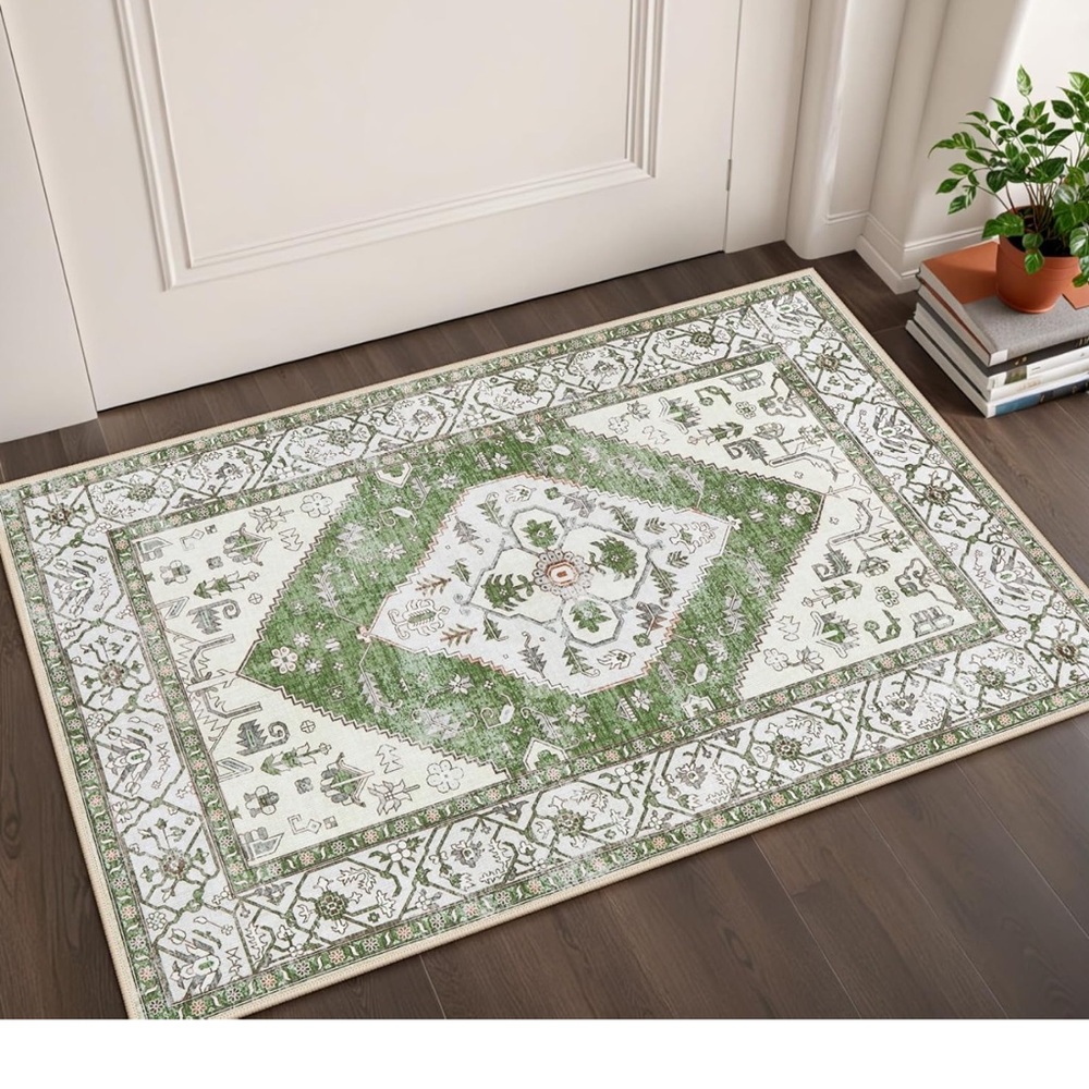 Chic Green and White Patterned Rug